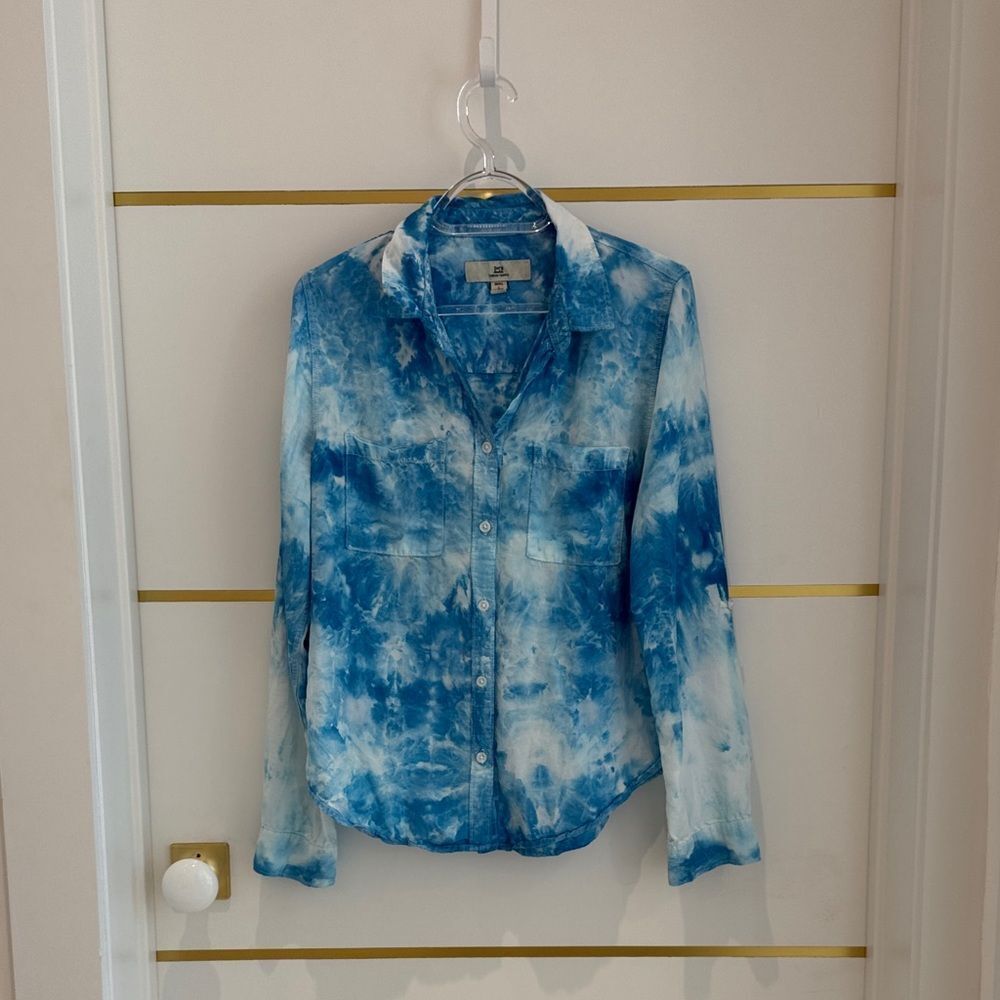 THREAD & SUPPLY Blue White Long Sleeve Tie-Dye Button-Up Shirt S